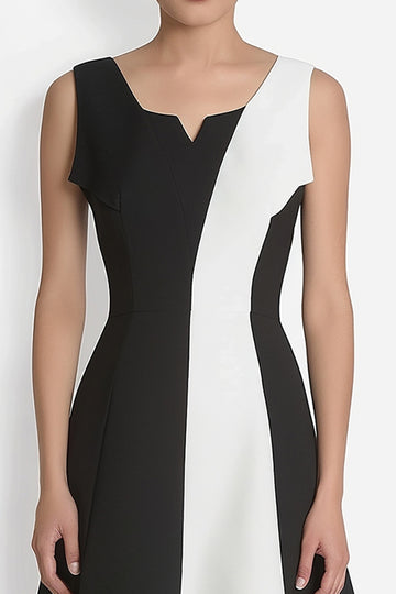 Black And White A-Line Square Neck Midi Dress
